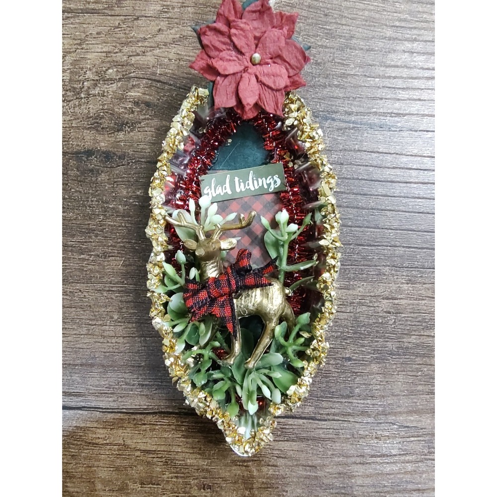 Deer Christmas Ornament Handmade Tart Tin VTG Style Diorama Gold Glitter OOAK O4